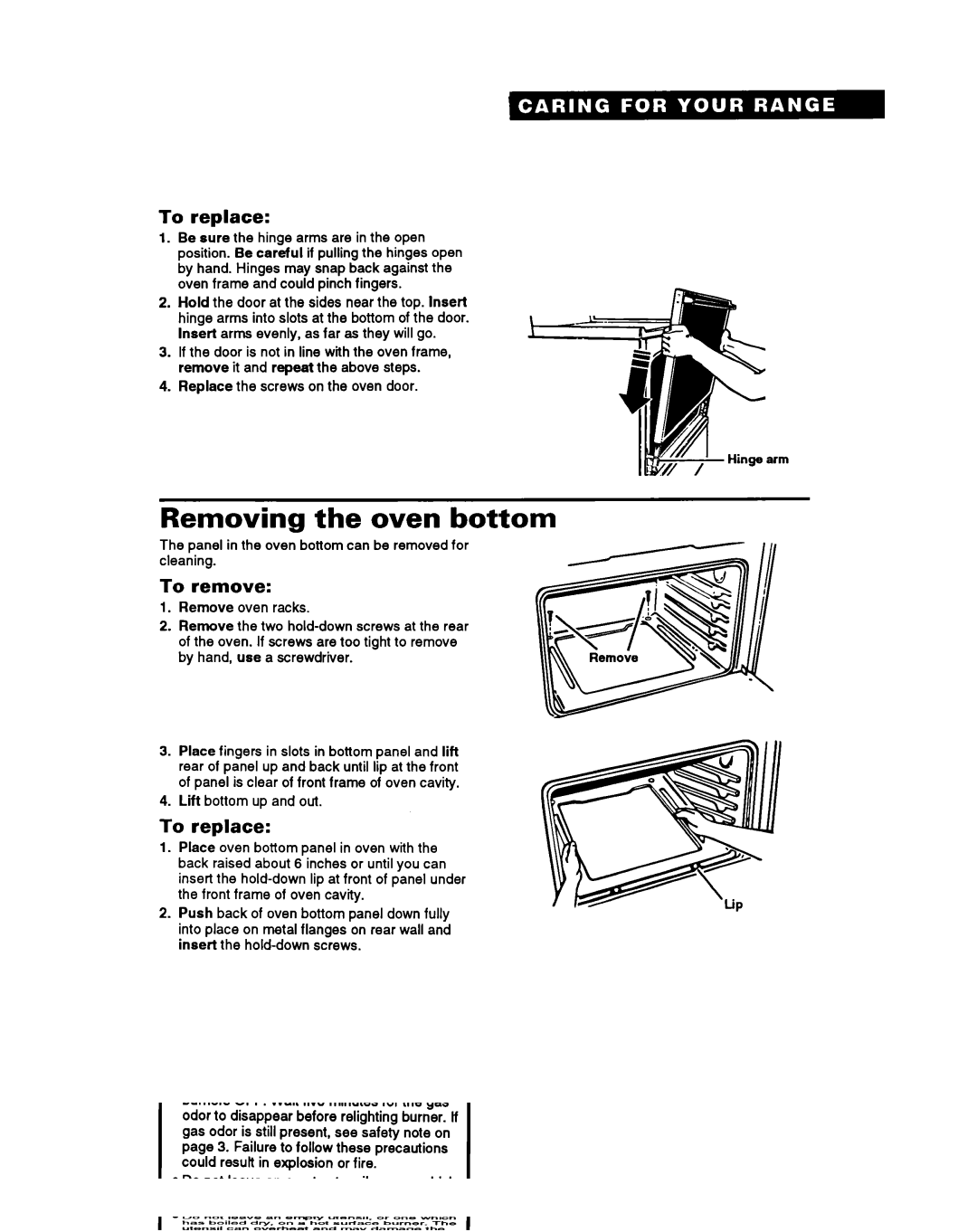 Whirlpool FGC355Y, FGP355Y, FGP345Y, FGP335Y important safety instructions Removing the oven bottom, To replace 