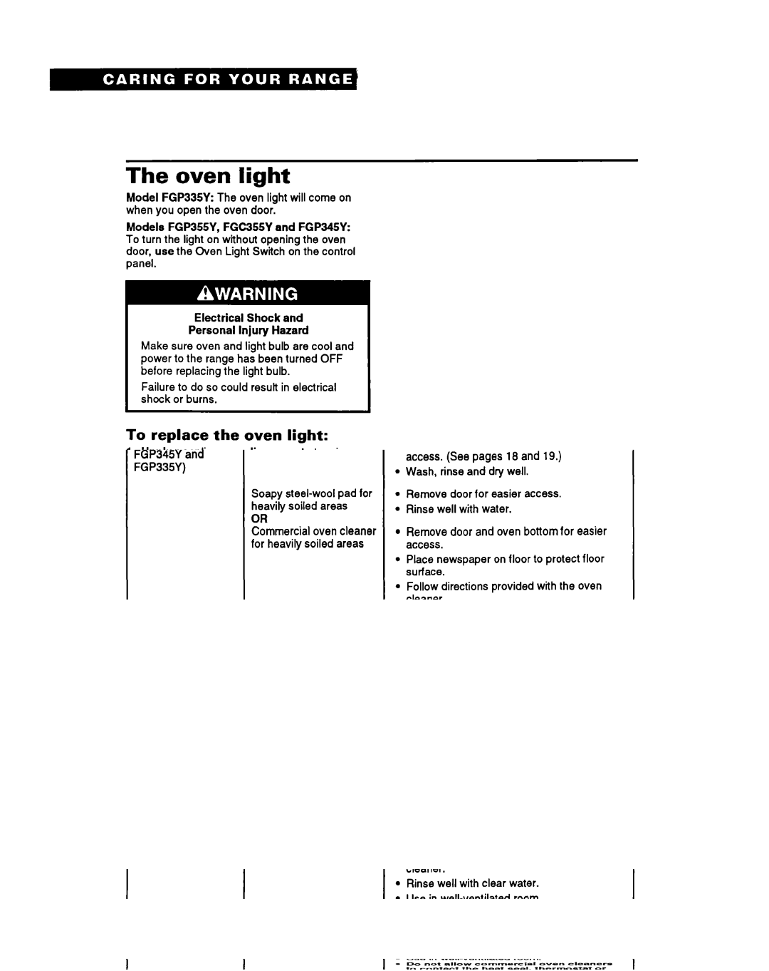 Whirlpool FGP355Y, FGP345Y, FGP335Y, FGC355Y important safety instructions Oven light, To replace the oven light 