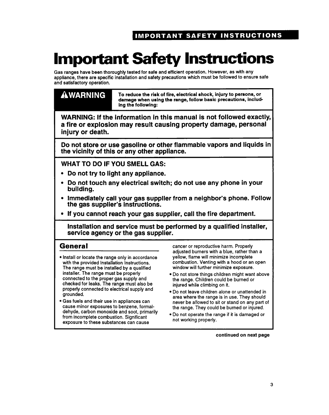 Whirlpool FGC355Y, FGP355Y, FGP345Y, FGP335Y Important safety Instructions, What to do if YOU Smell GAS 