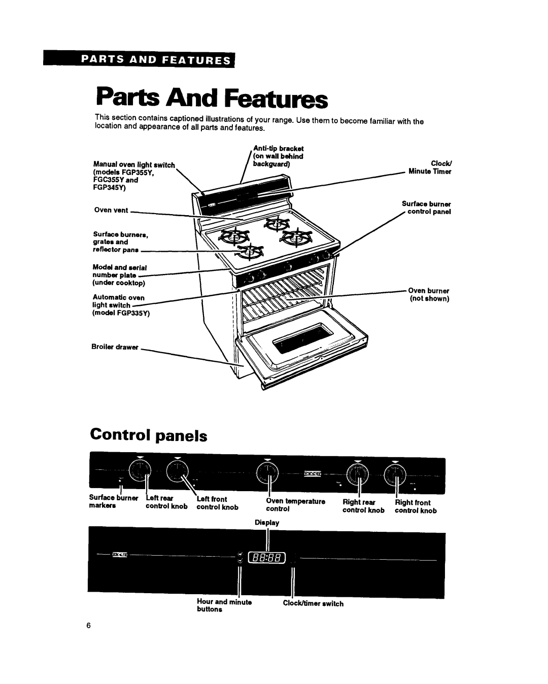 Whirlpool FGP335Y, FGP355Y, FGP345Y, FGC355Y important safety instructions Parts And Features, Control panels 