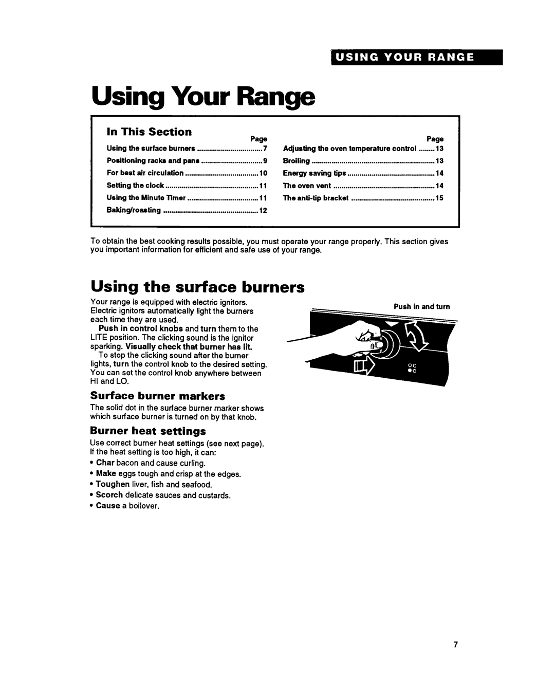 Whirlpool FGC355Y Using Your Range, Using Surface Burners, This Section, Surface burner markers, Burner heat settings 