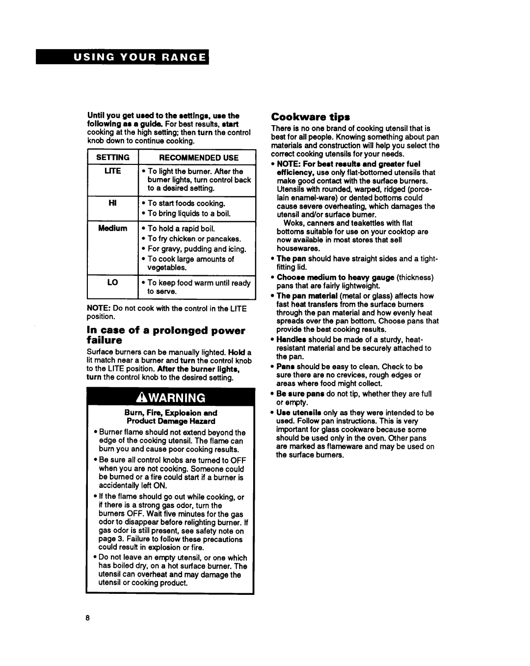 Whirlpool FGP355Y, FGP345Y, FGP335Y, FGC355Y important safety instructions Cookware tips, Recommended USE 