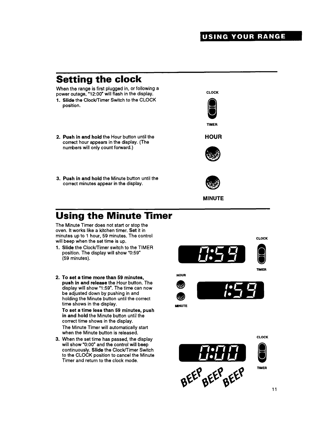 Whirlpool FGC355Y, FGP355Y, FGP345Y, FGP335Y Setting the clock, Using the Minute Timer, HOUR mB!EB, Hour Minute 