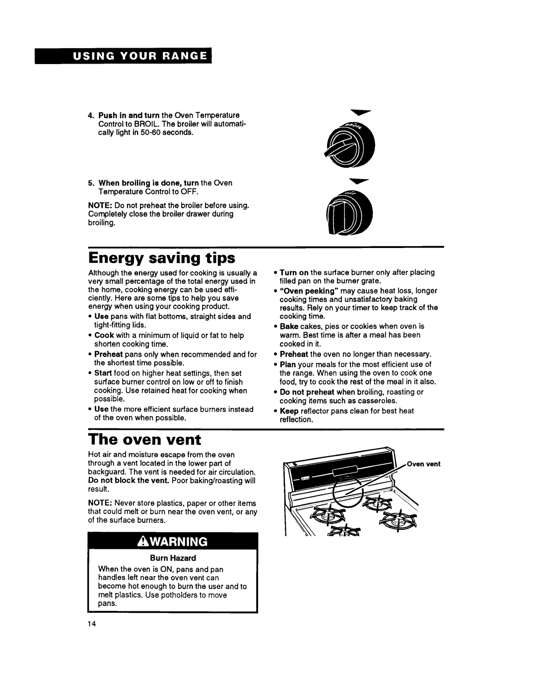 Whirlpool FGP335Y, FGP355Y, FGP345Y, FGC355Y important safety instructions Energy saving tips, The oven vent 