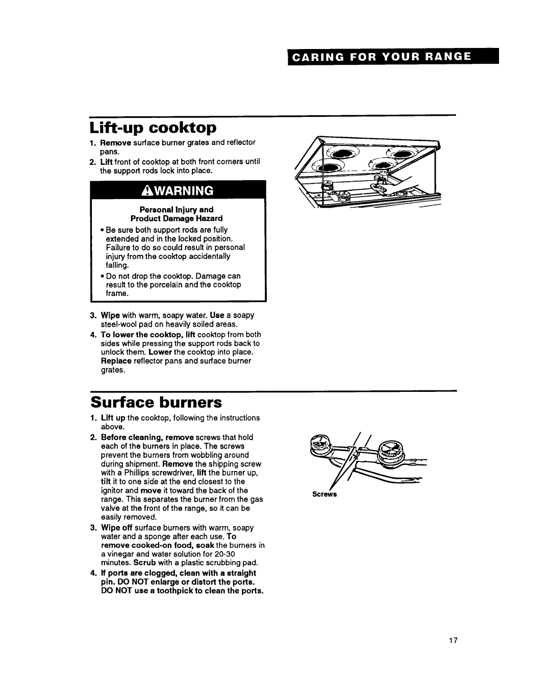 Whirlpool FGP345Y, FGP355Y, FGP335Y, FGC355Y important safety instructions Lift-upcooktop, Surface burners 