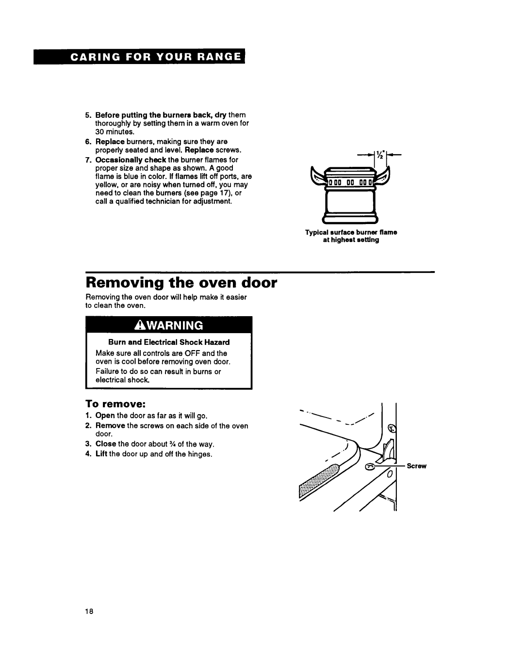 Whirlpool FGP335Y, FGP355Y, FGP345Y, FGC355Y important safety instructions Removing the oven door, To remove 