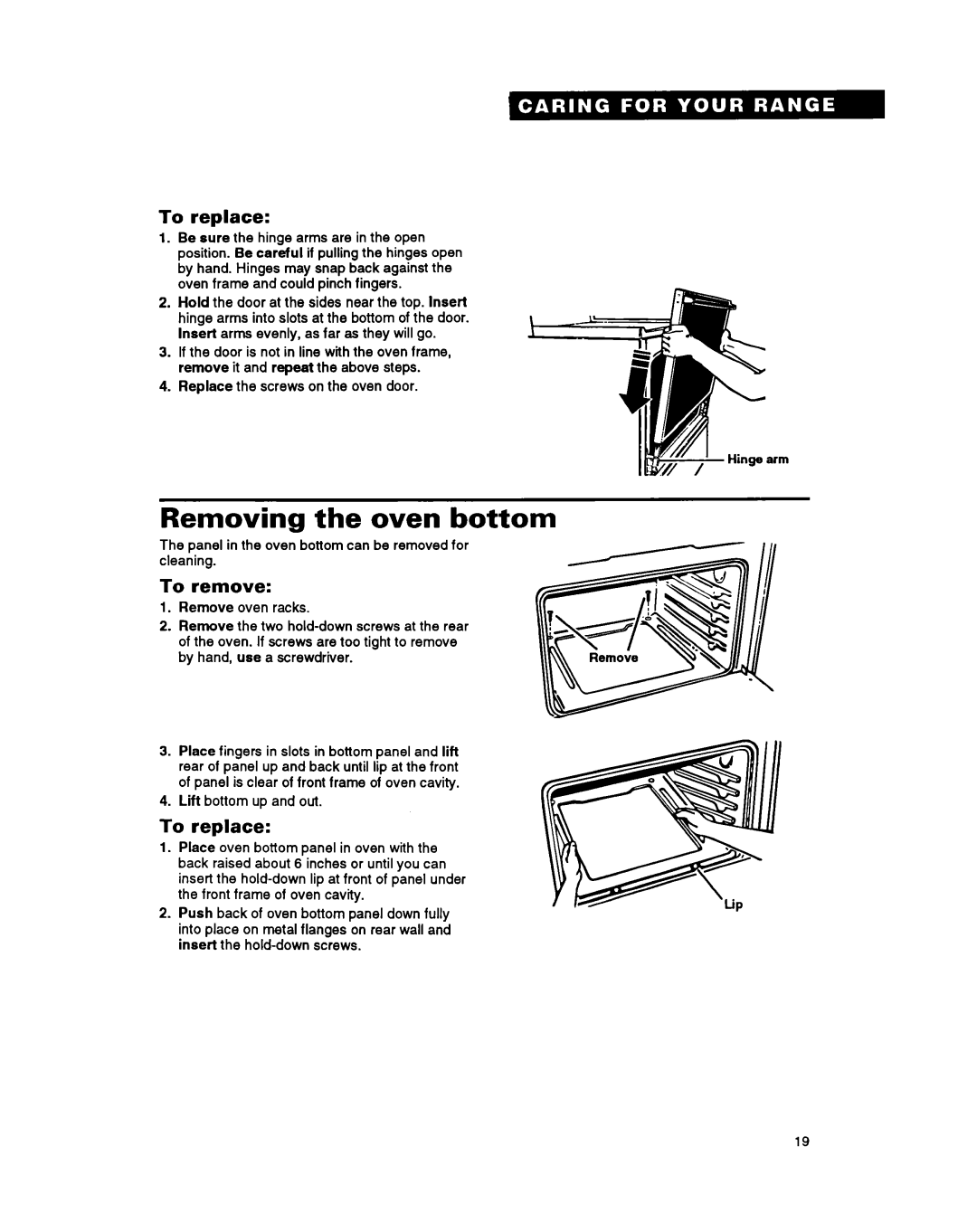 Whirlpool FGC355Y, FGP355Y, FGP345Y, FGP335Y important safety instructions Removing the oven bottom, To replace, To remove 