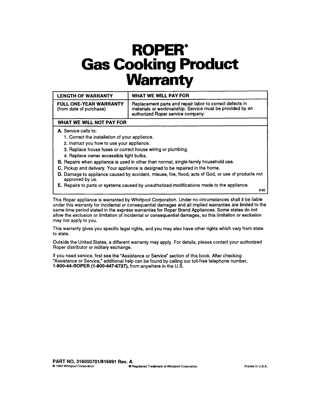 Whirlpool FGP355Y, FGP345Y, FGP335Y, FGC355Y important safety instructions ROPER” Gas Cooking Product Warranty 