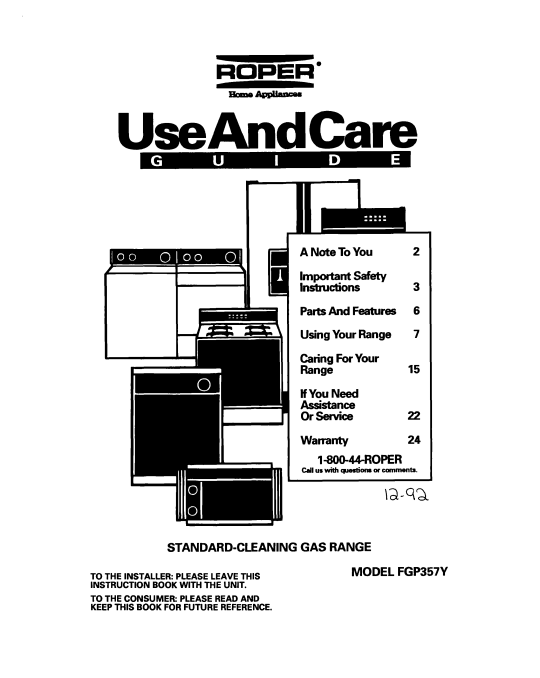 Whirlpool FGP357Y warranty UseAndCare 