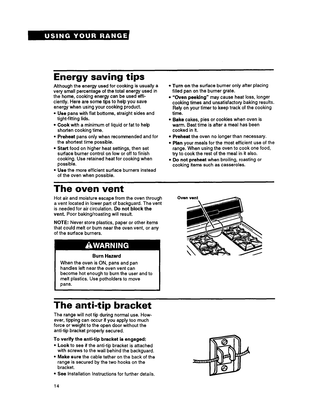 Whirlpool FGP357Y warranty Energy saving tips, Oven vent, Anti-tip bracket 