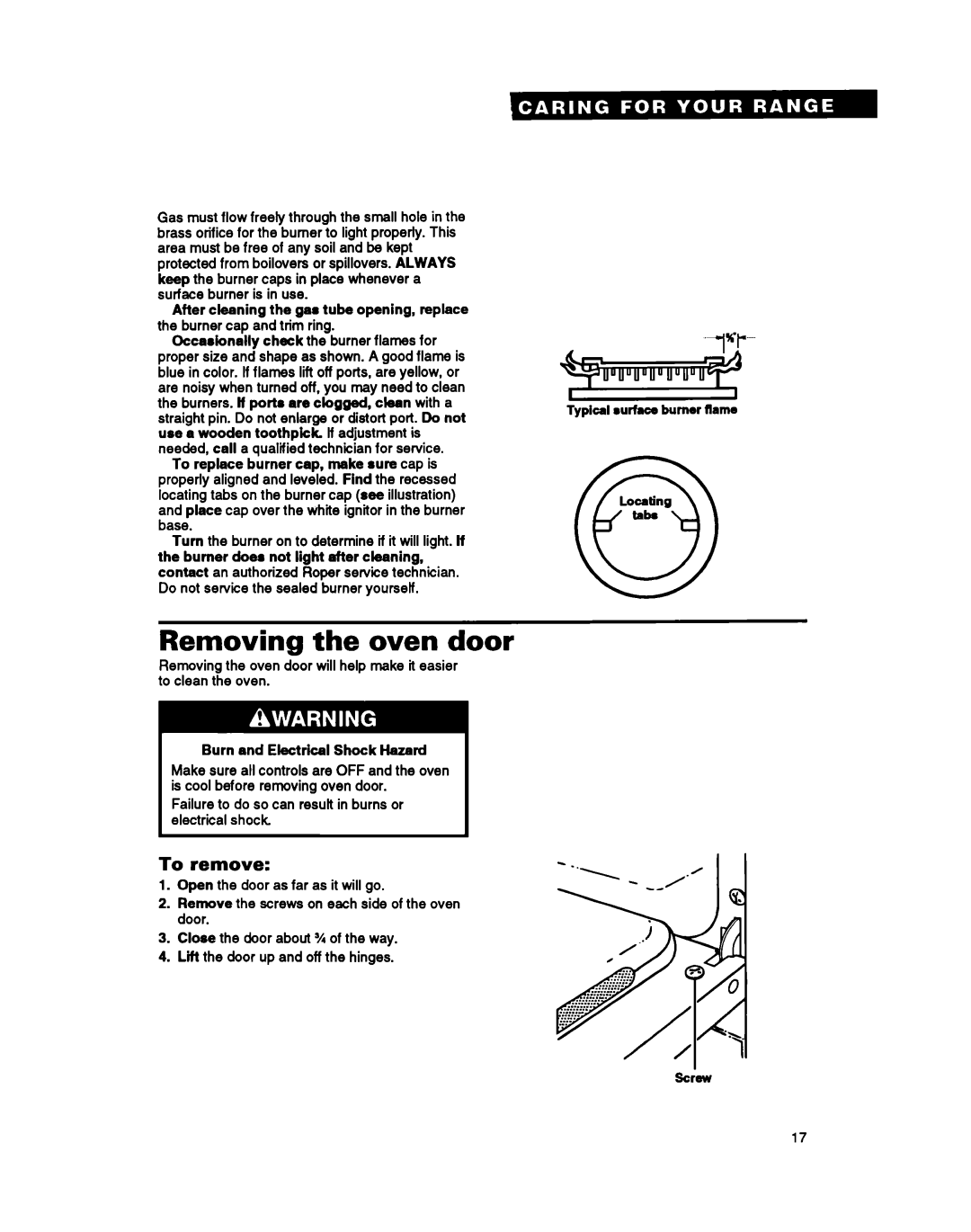 Whirlpool FGP357Y warranty Removina the oven door, To remove, Burner cap and trim ring 