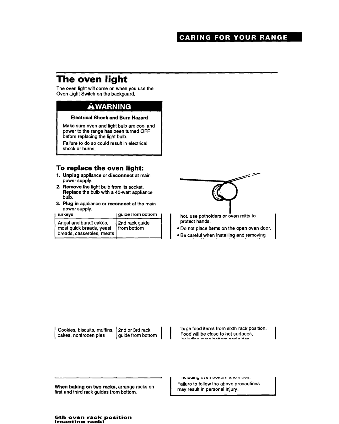 Whirlpool FGP357Y warranty Oven light, To replace the oven light 