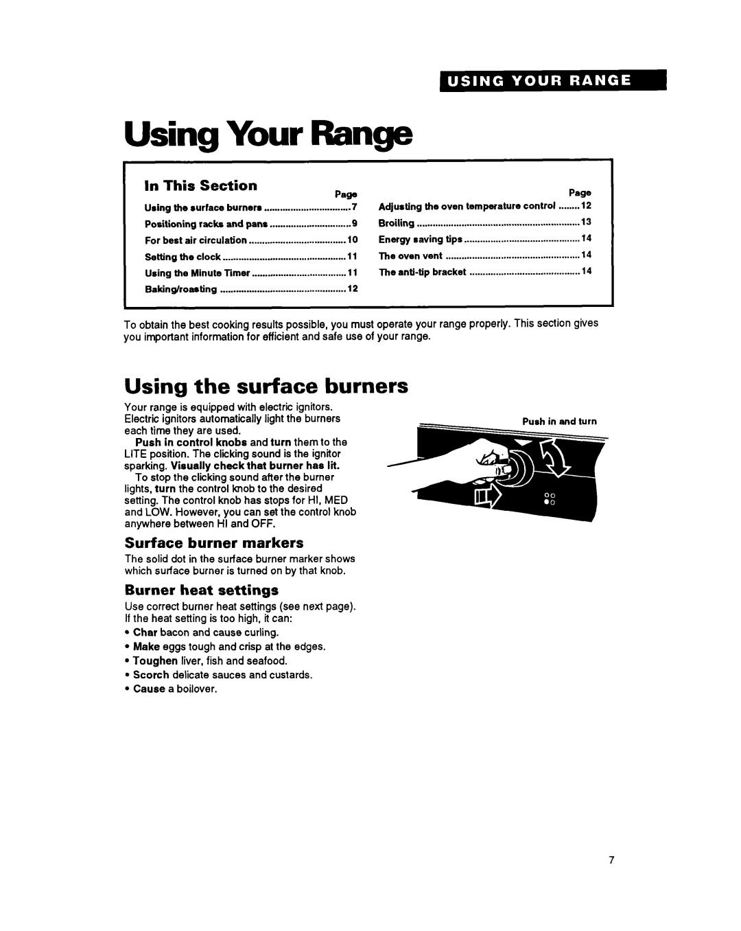 Whirlpool FGP357Y warranty Using the surface burners, This Section, Surface burner markers, Burner heat settings 