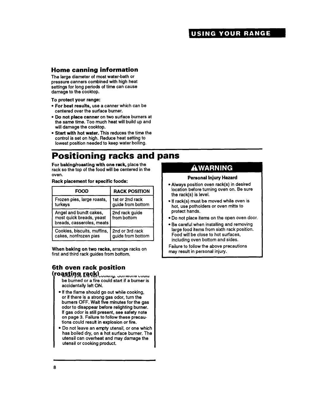 Whirlpool FGP357Y warranty Positioning racks, Pans, Home canning information, 6th oven rack position Roasting rack 