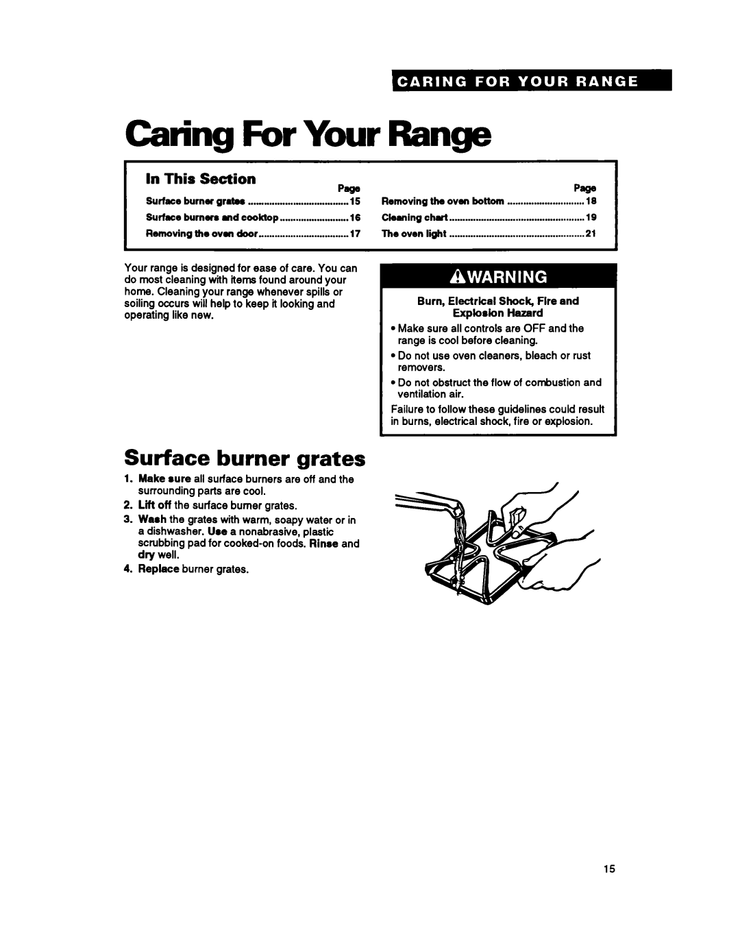 Whirlpool FGP357Y warranty Caring, For Your, Surface burner grates, Range, In This Section 