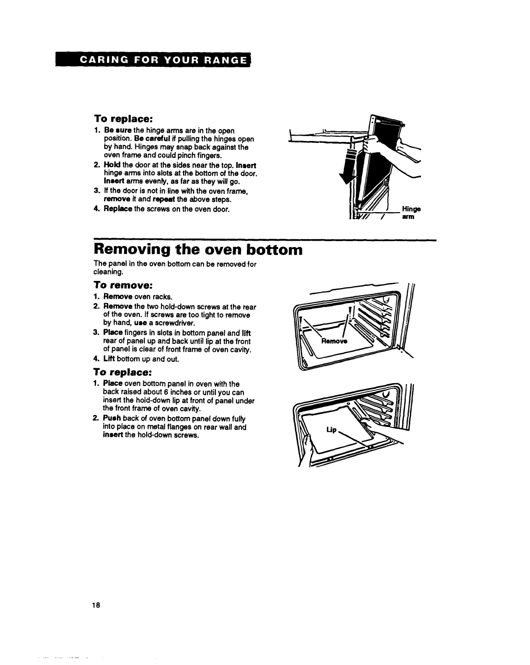 Whirlpool FGP357Y warranty Removing the oven bottom, To replace, To remove, To reprace 