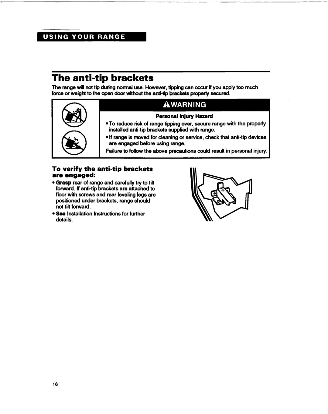 Whirlpool FGPSOOB, FGPSIOB, FGP315B warranty Anti-tip brackets, To verify the anti-tip brackets are engaged 