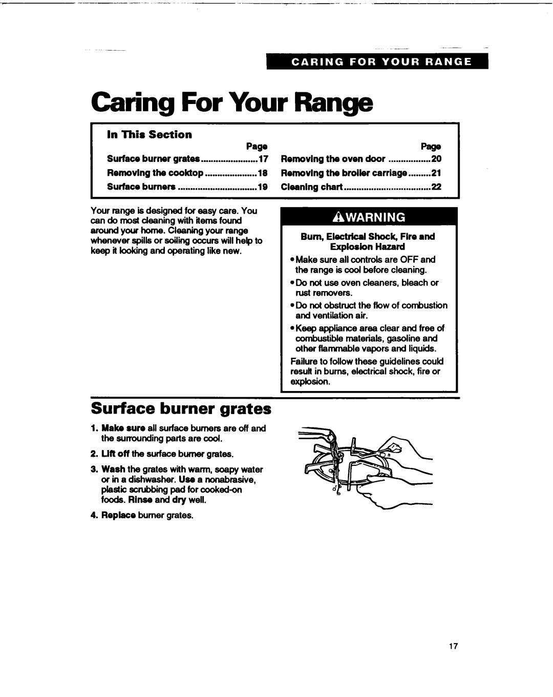 Whirlpool FGP315B, FGPSIOB, FGPSOOB Caring For Your Range, Surface burner grates Removing the cooktop Surface burners 