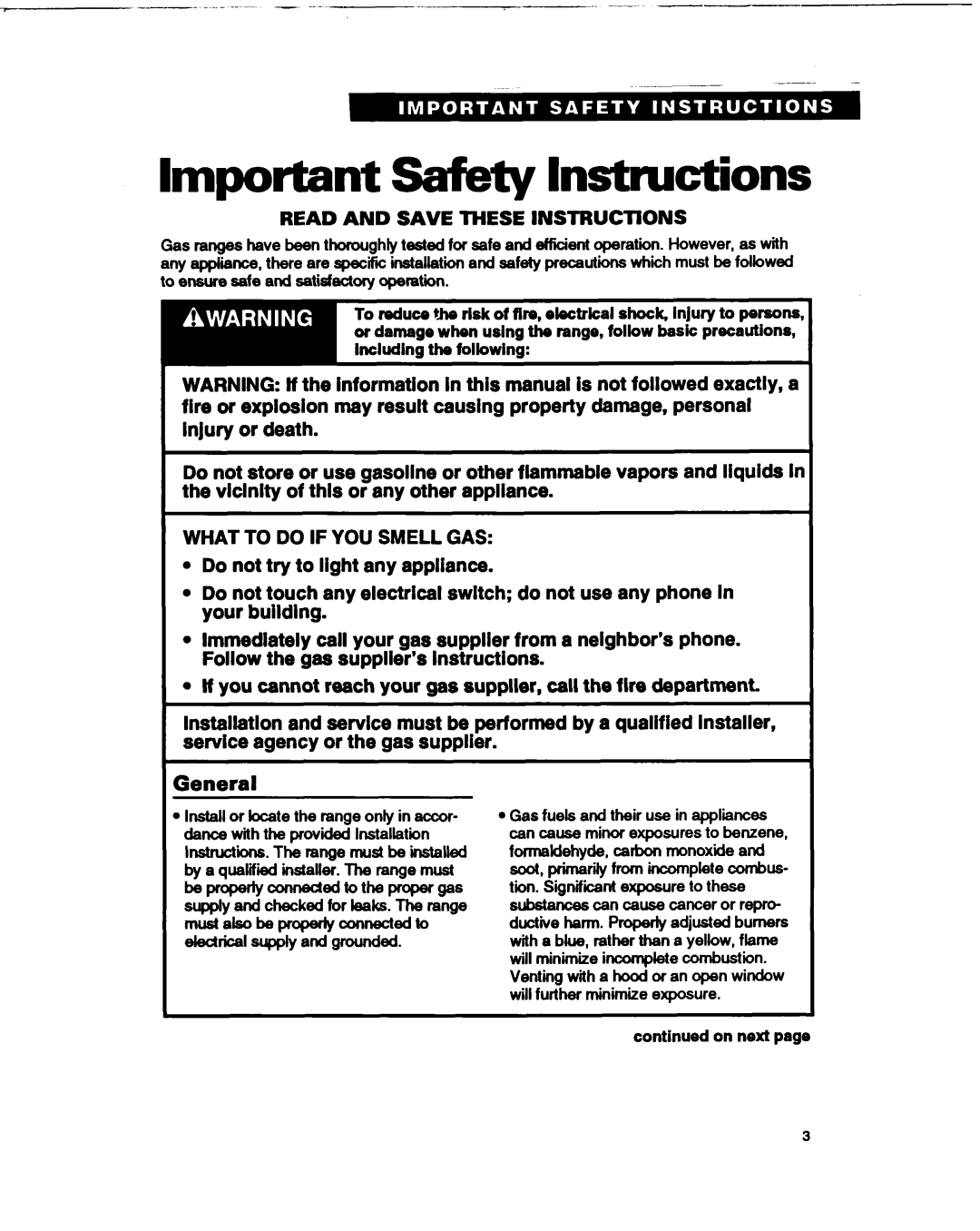 Whirlpool FGPSIOB, FGPSOOB, FGP315B warranty Important safety Instructions, Ieneral 