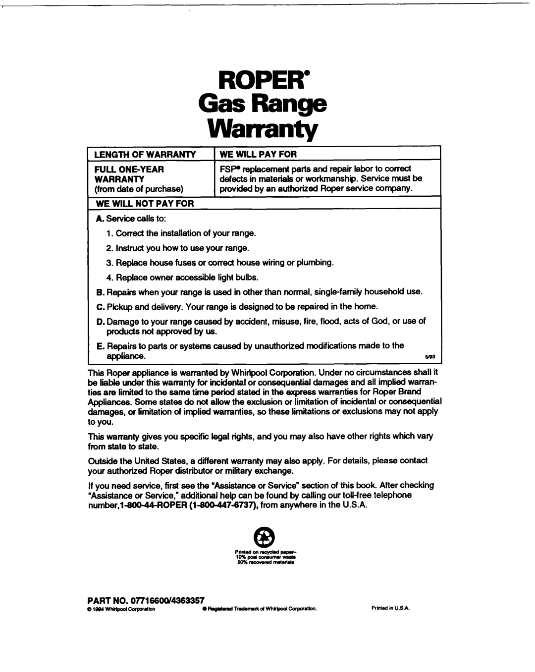 Whirlpool FGPSIOB, FGPSOOB, FGP315B warranty ROPER” Gas Range Warranty 