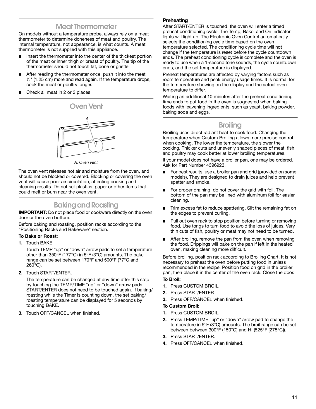 Whirlpool FGS325RQ0 manual Meat Thermometer, Oven Vent, Baking and Roasting, Broiling, Preheating 