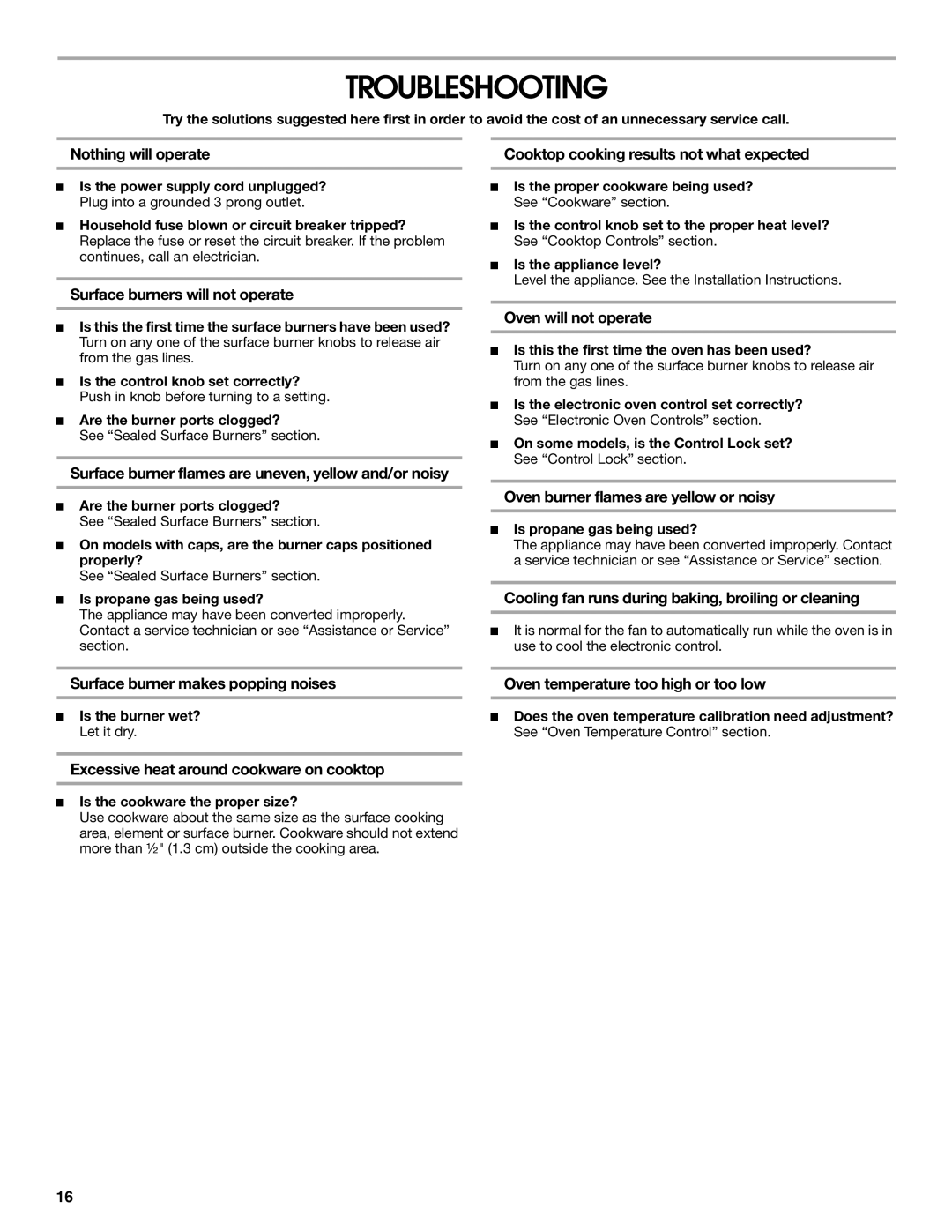 Whirlpool FGS325RQ0 manual Troubleshooting 