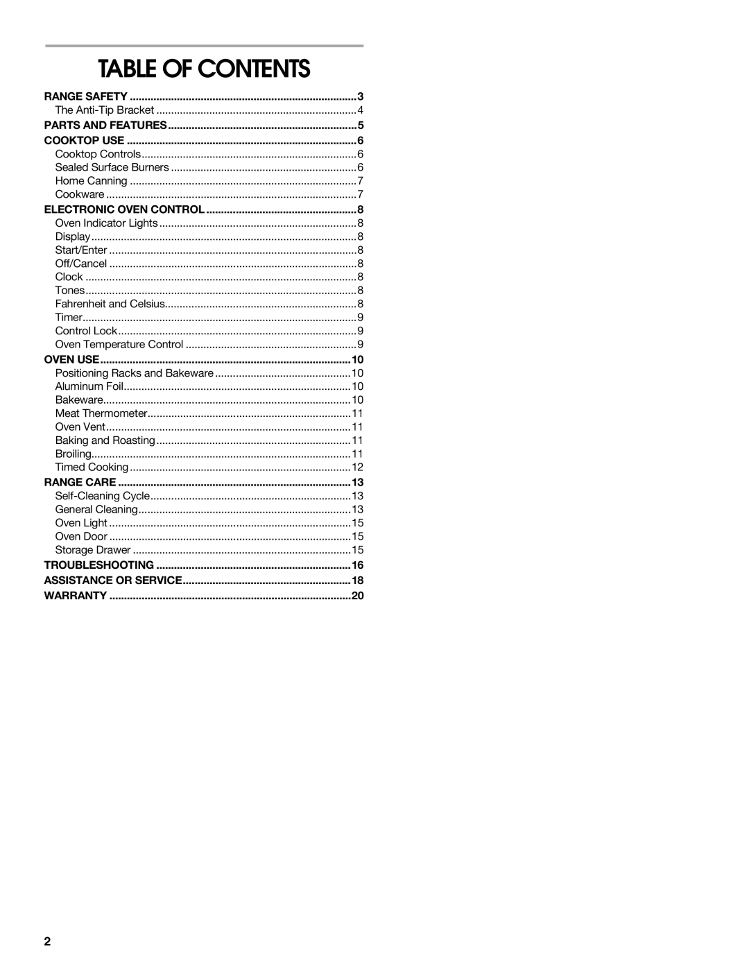 Whirlpool FGS325RQ0 manual Table of Contents 