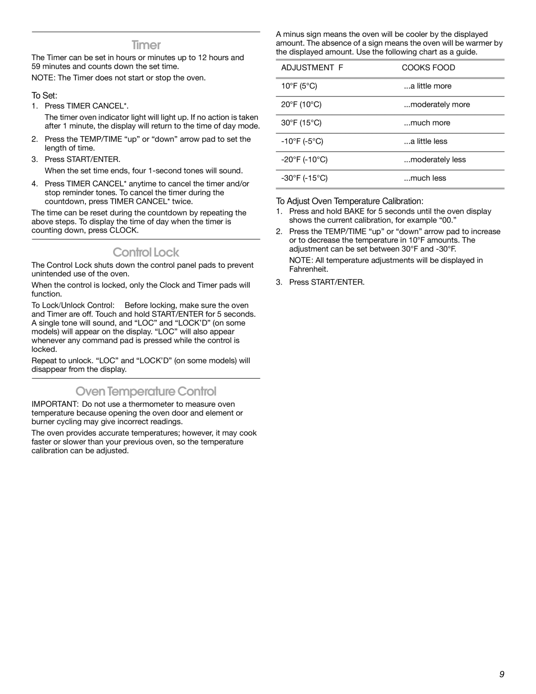 Whirlpool FGS325RQ0 manual Timer, Control Lock, Oven Temperature Control, To Adjust Oven Temperature Calibration 