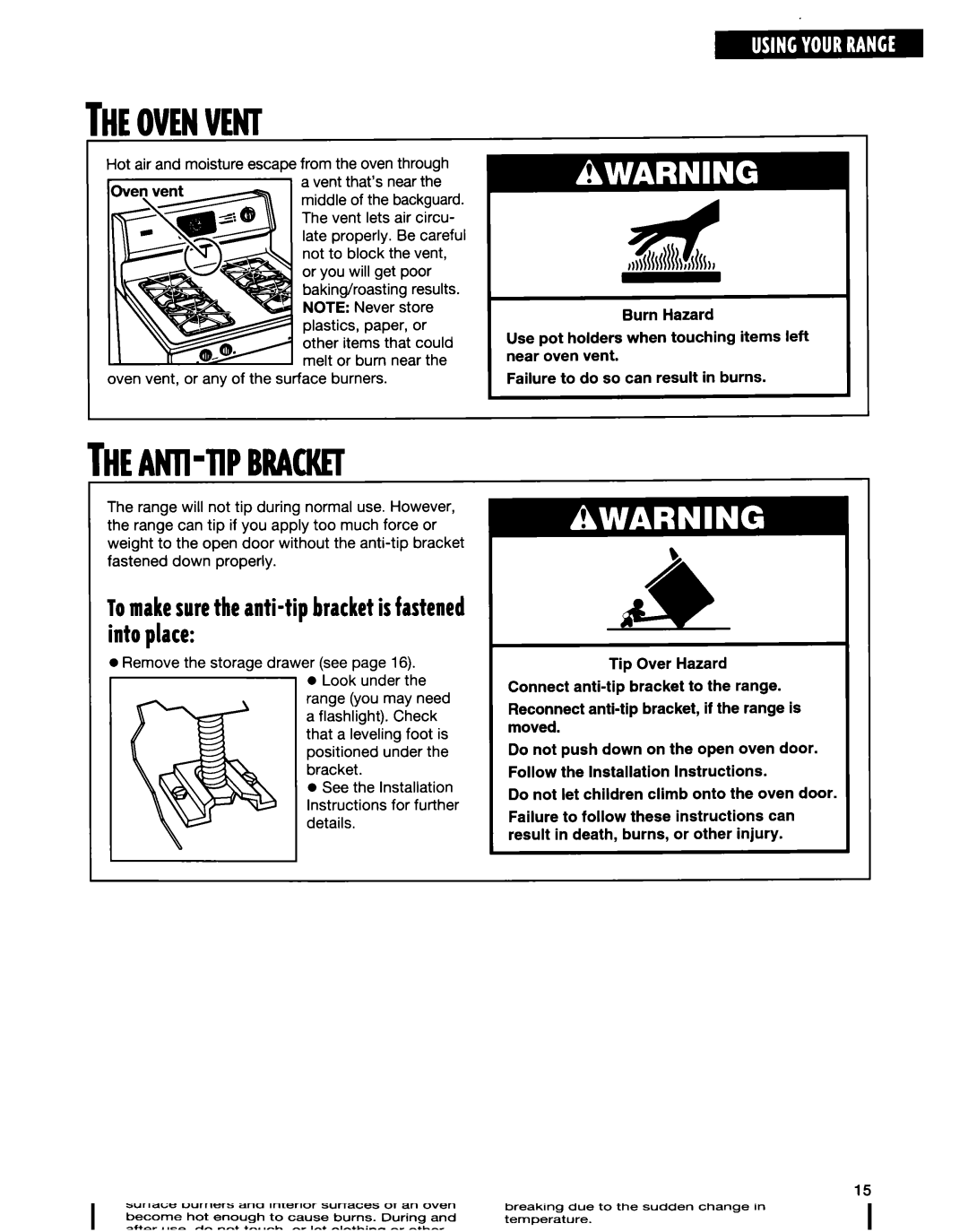 Whirlpool FGS335E warranty Theovenvent, Theanmp Bracket, Tomakesuretheanti-tip bracketisfastened into place 