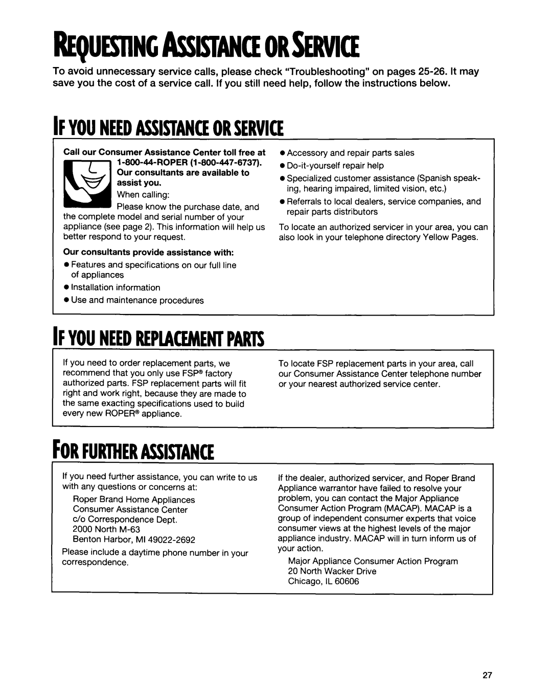 Whirlpool FGS335E warranty Ifyouneedassistanceorservice, Ifyouneedreplacementpark 