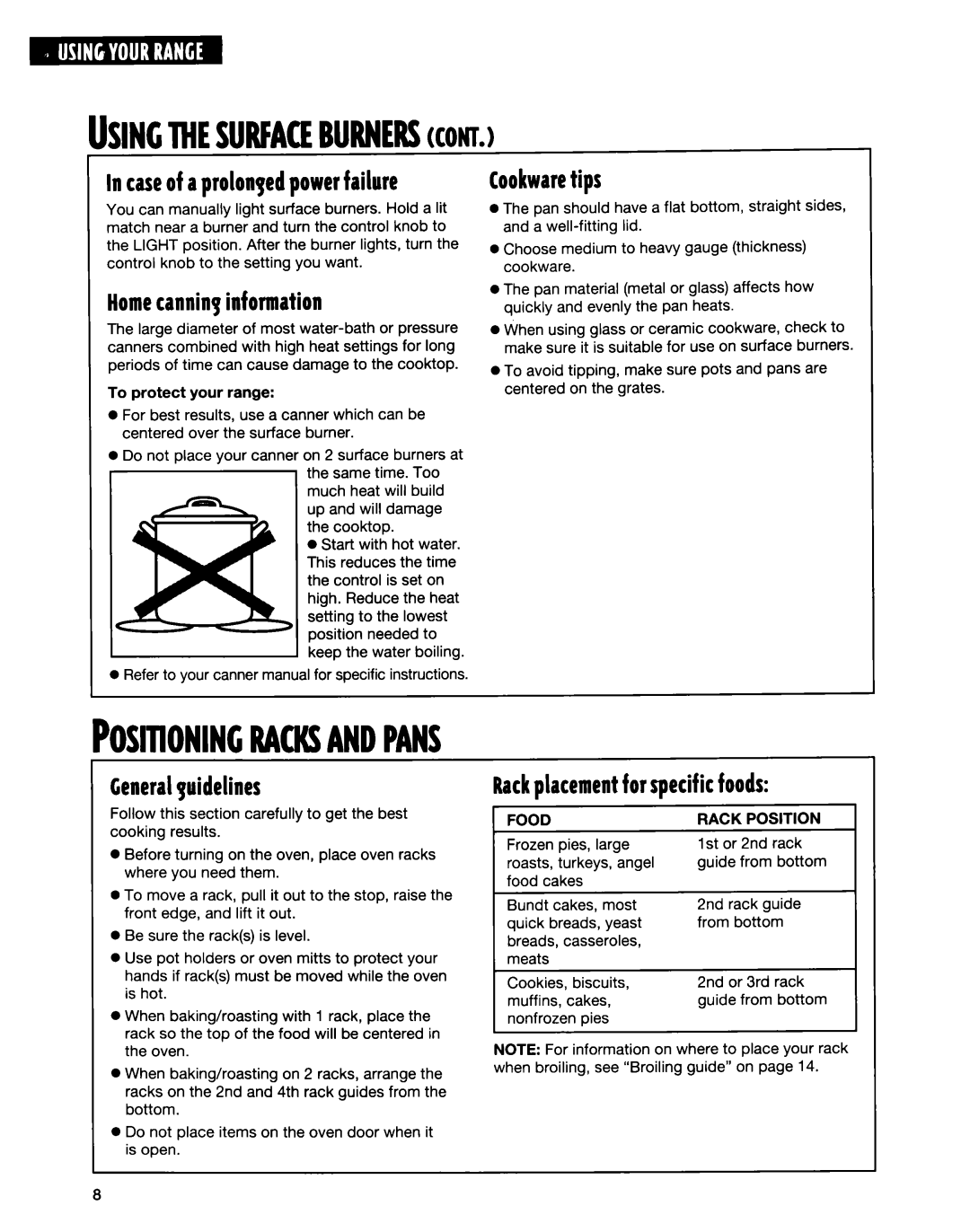 Whirlpool FGS335E warranty Caseof aprolongedpowerfailure, Homecanninginformation, Cookwaretips, Generalguidelines 