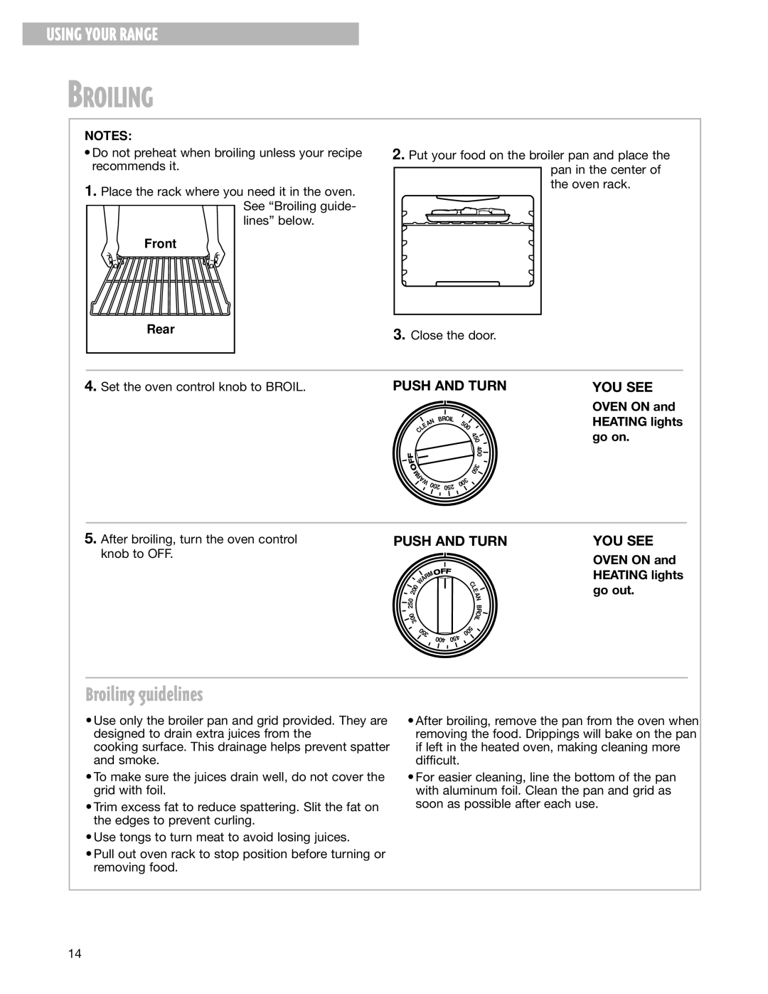 Whirlpool FGS337G warranty Broiling guidelines, Front, Rear 