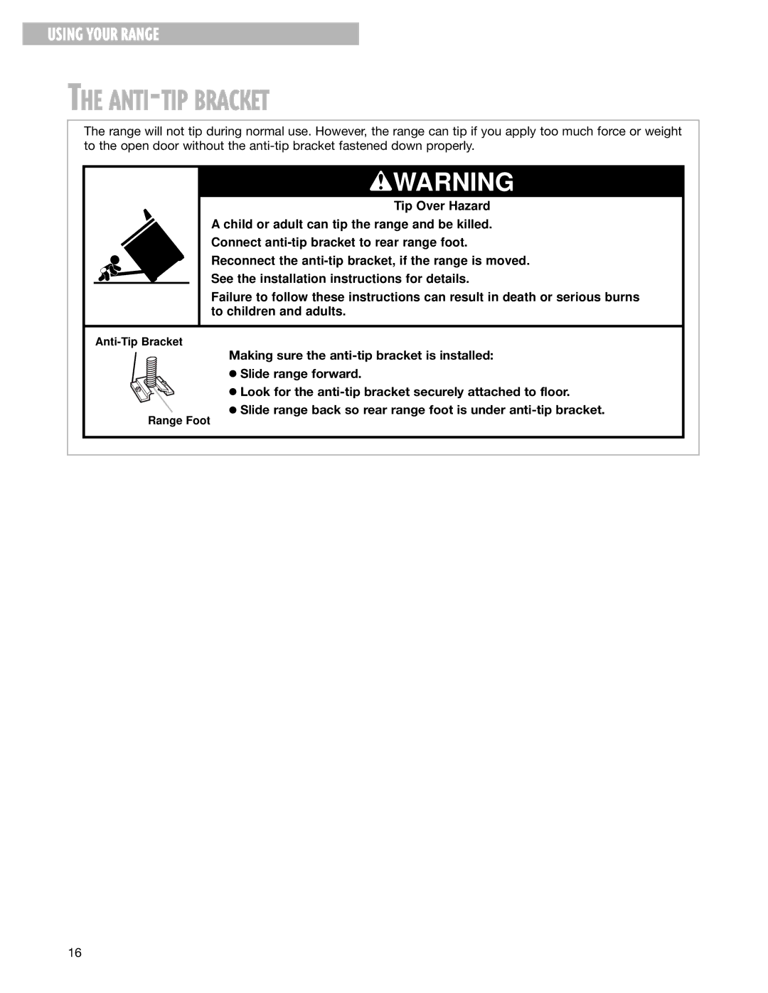 Whirlpool FGS337G warranty ANTI-TIP Bracket 