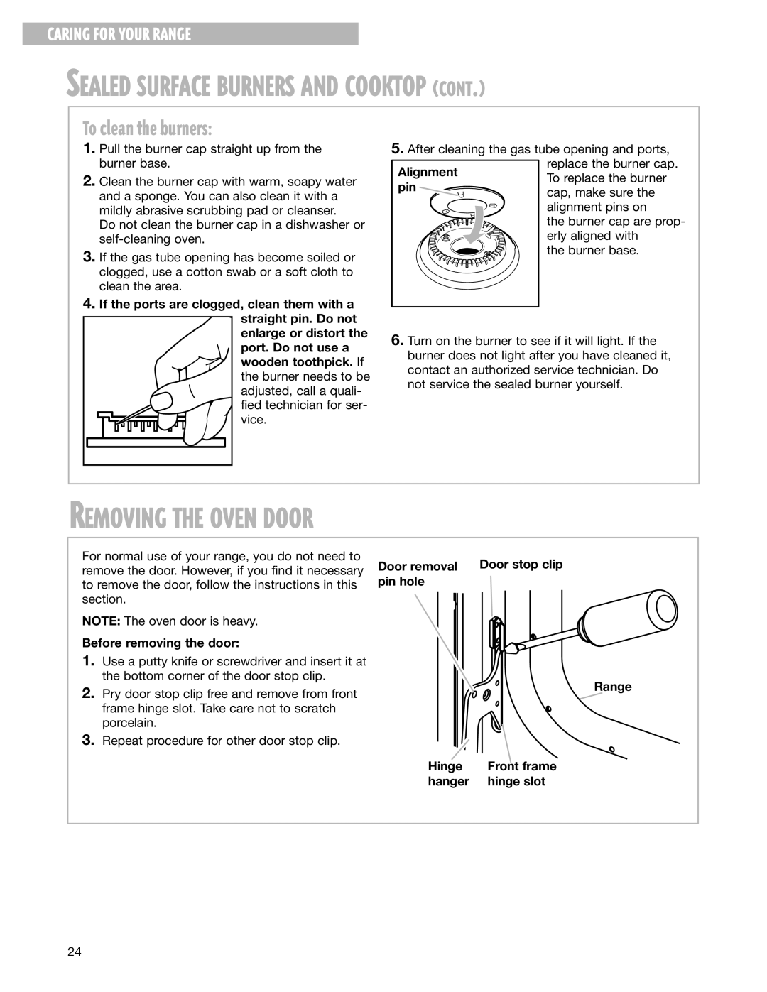 Whirlpool FGS337G warranty Removing the Oven Door, To clean the burners, Before removing the door, Hanger Hinge slot 