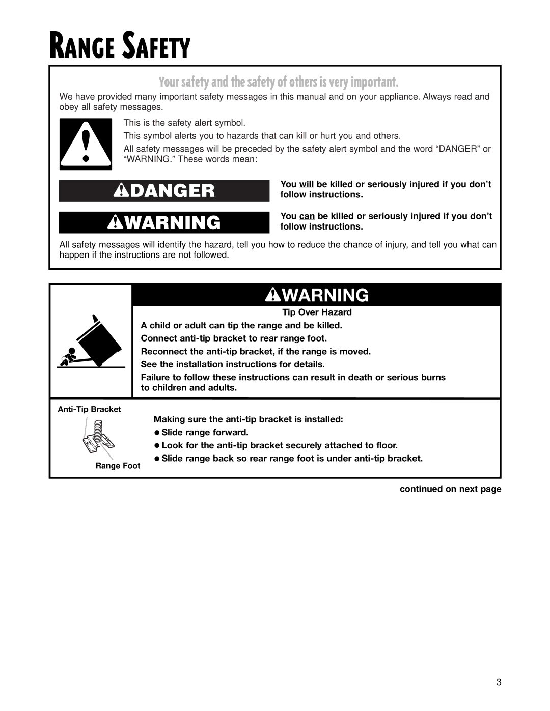 Whirlpool FGS337G warranty Range Safety, Making sure the anti-tip bracket is installed, Slide range forward, On next 