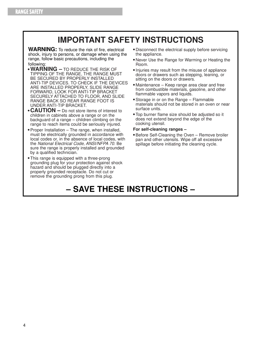 Whirlpool FGS337G warranty Important Safety Instructions, For self-cleaning ranges 