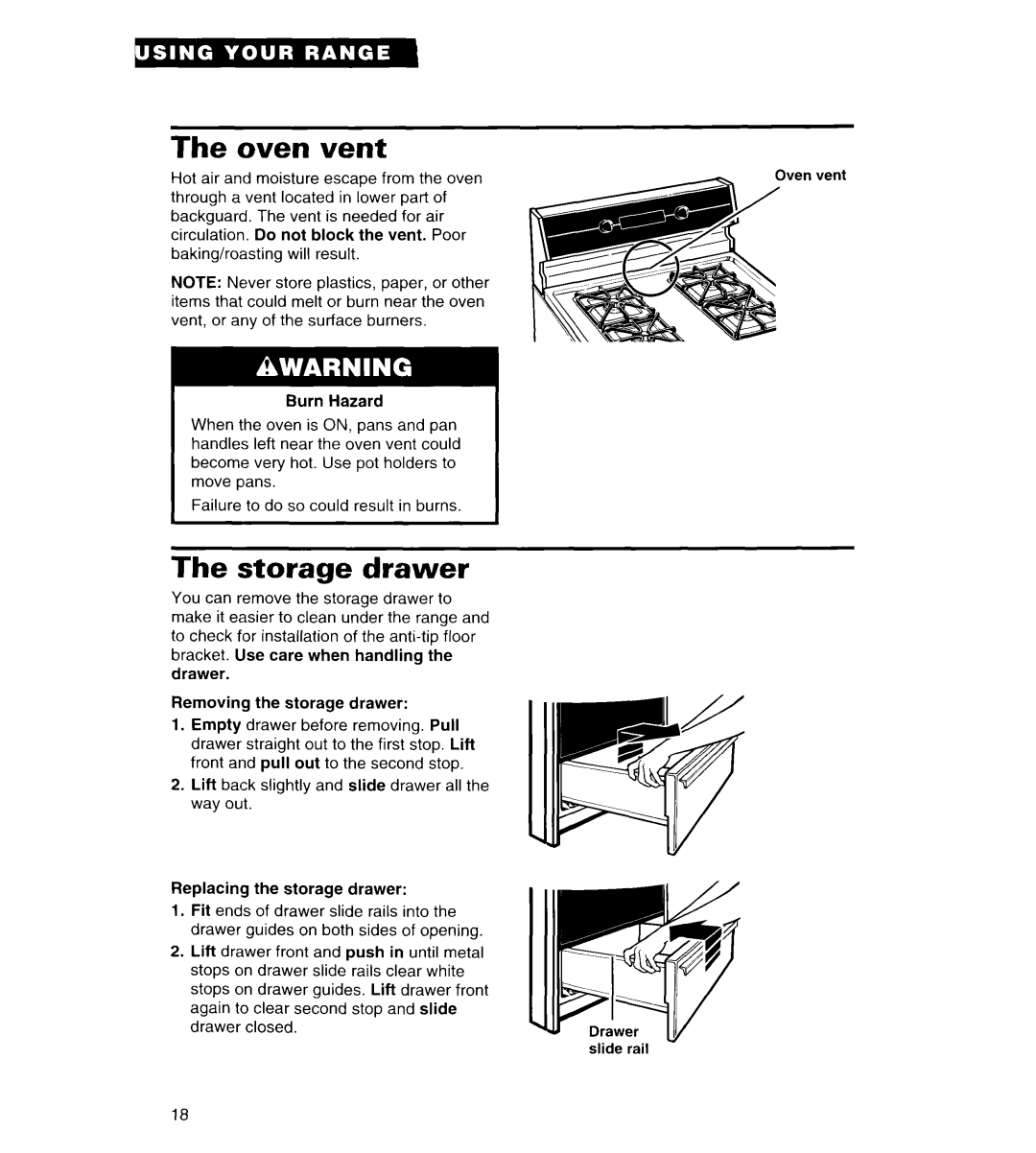 Whirlpool FGS385B important safety instructions Oven vent, Storage drawer 