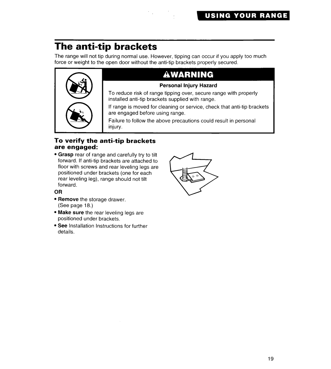 Whirlpool FGS385B important safety instructions Anti-tip brackets, To verify the anti-tip brackets are engaged 