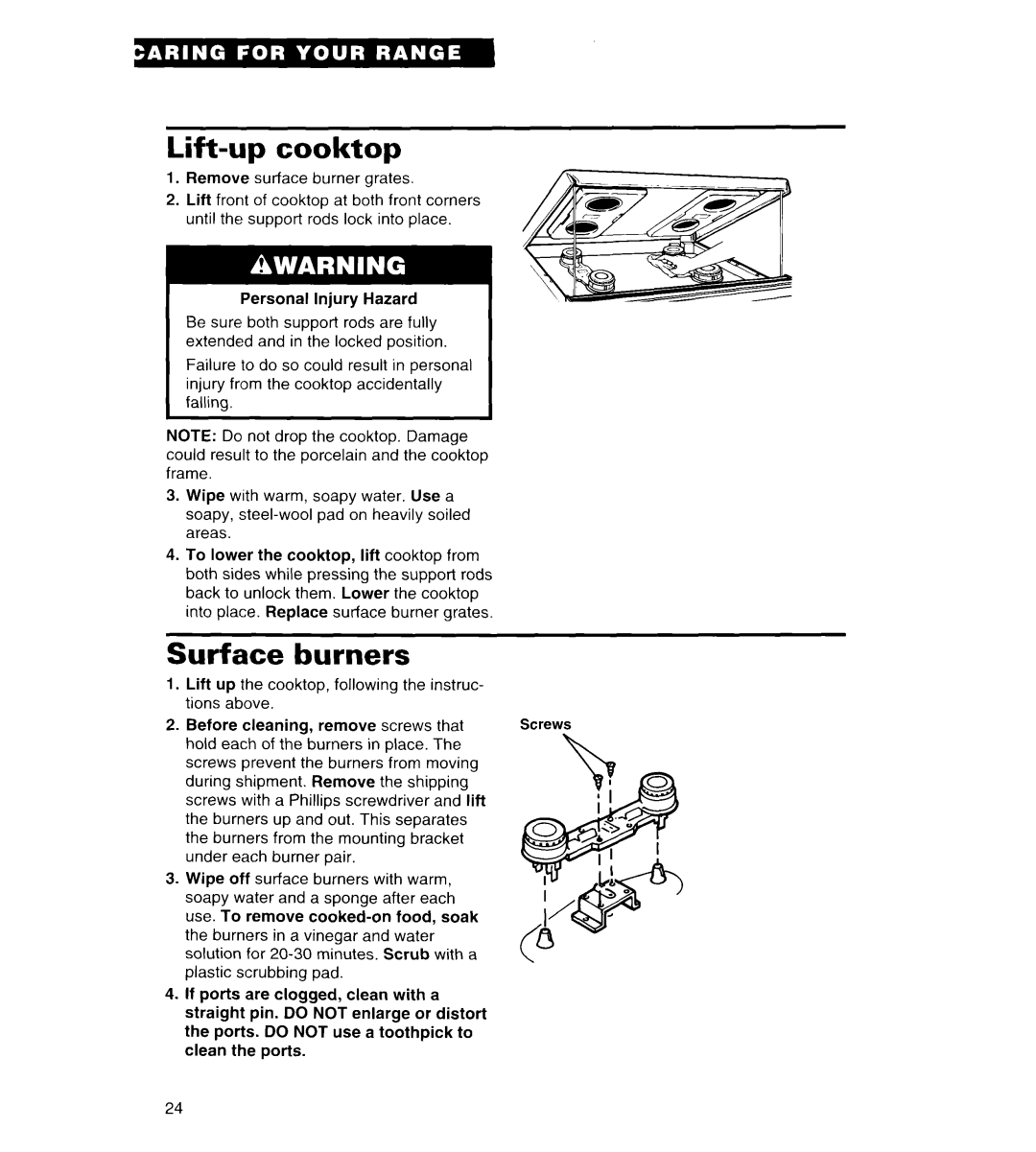 Whirlpool FGS385B important safety instructions Lift-up cooktop, Surface burners 