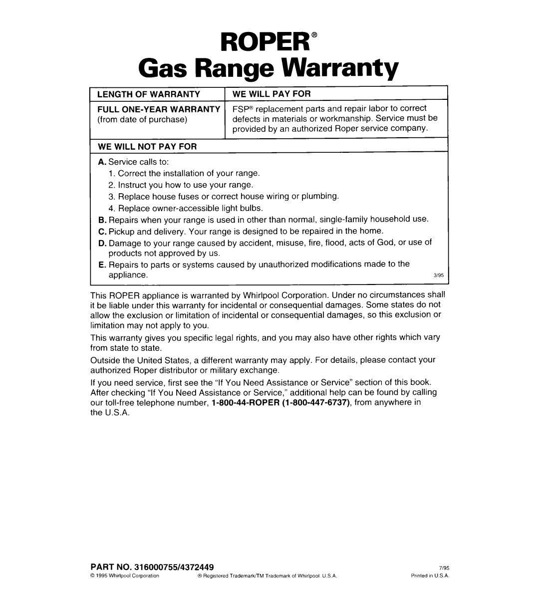 Whirlpool FGS385B important safety instructions Gas Range Warranty, Length of Warranty WE will PAY for, WE will not PAY for 