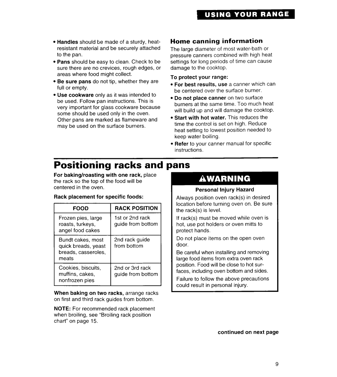 Whirlpool FGS385B important safety instructions Positioning racks, Pans, Home canning information, Food 