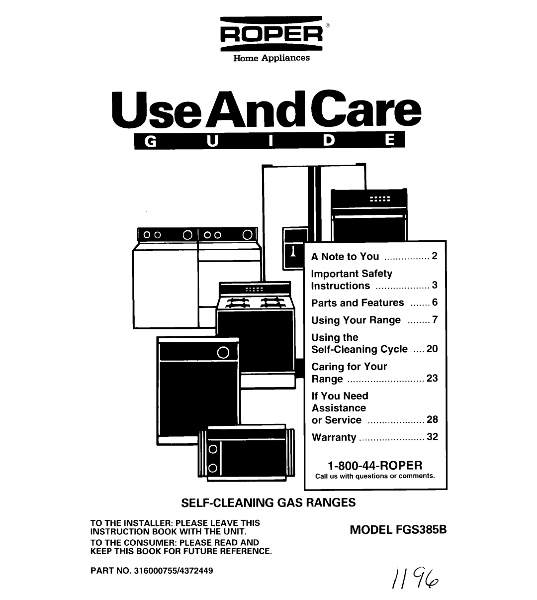 Whirlpool important safety instructions UseAndCare, I-800-44-ROPER, GAS RANGES MODEL FGS385B, Self-Cleaning 