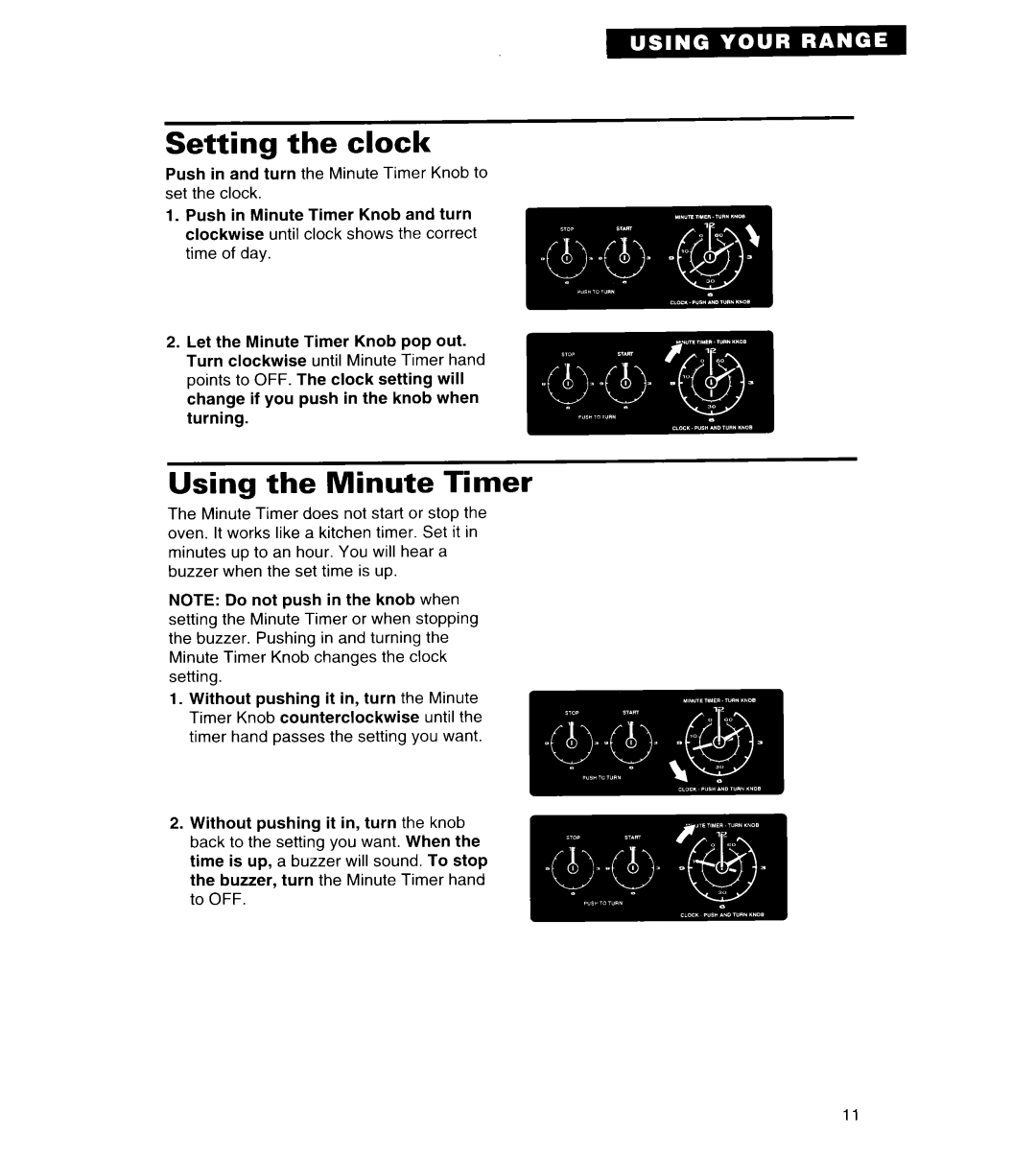 Whirlpool FGS385B important safety instructions Setting the clock, Using the Minute Timer 