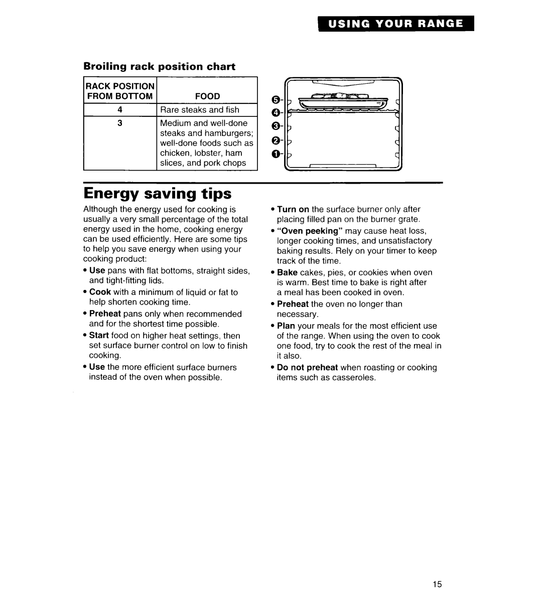 Whirlpool FGS385B important safety instructions Energy saving tips, rack, position, chart 