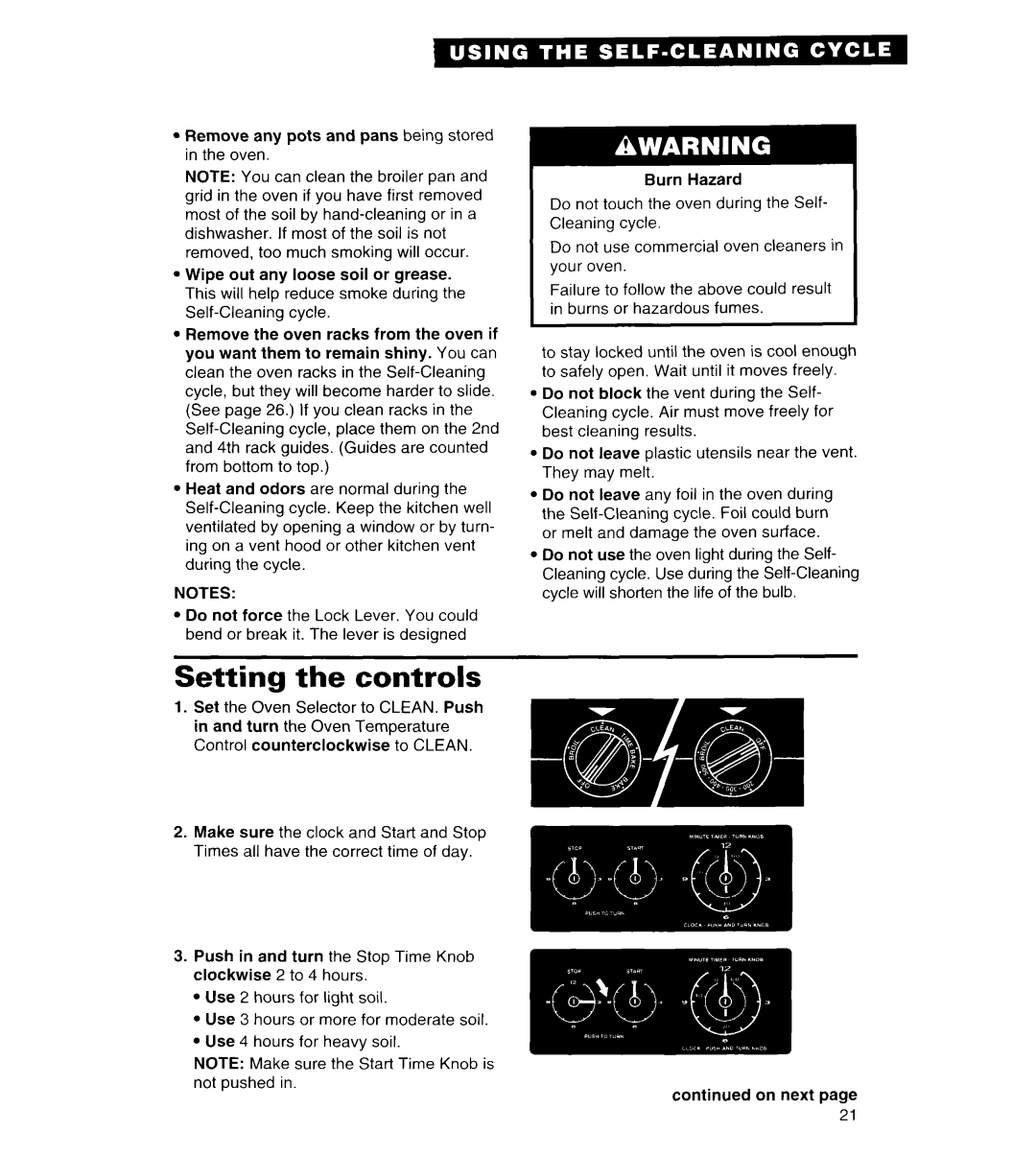 Whirlpool FGS385B important safety instructions Setting the controls 