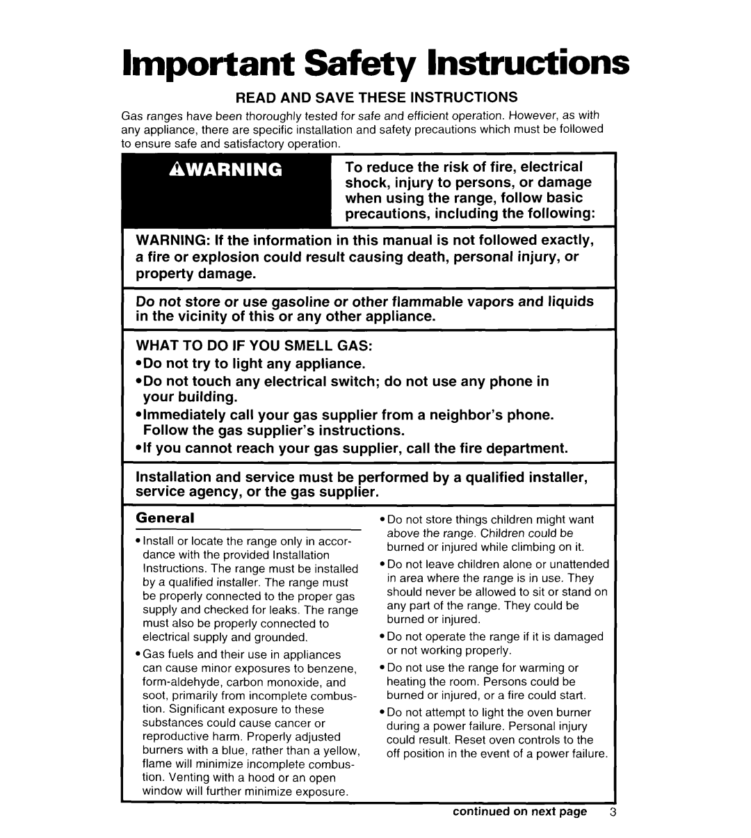 Whirlpool FGS385B important safety instructions Important Safety Instructions 