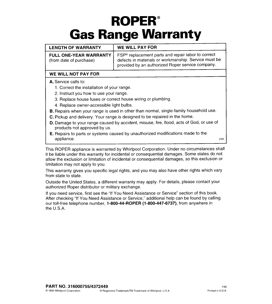 Whirlpool FGS385B important safety instructions ROPER” Gas Range Warranty 