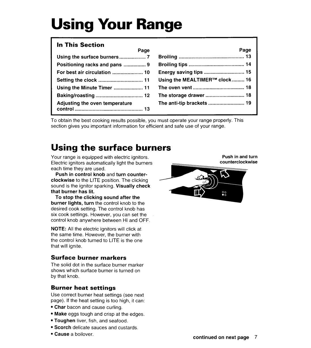 Whirlpool FGS385B important safety instructions Range, Using the surface burners, Your, Section 