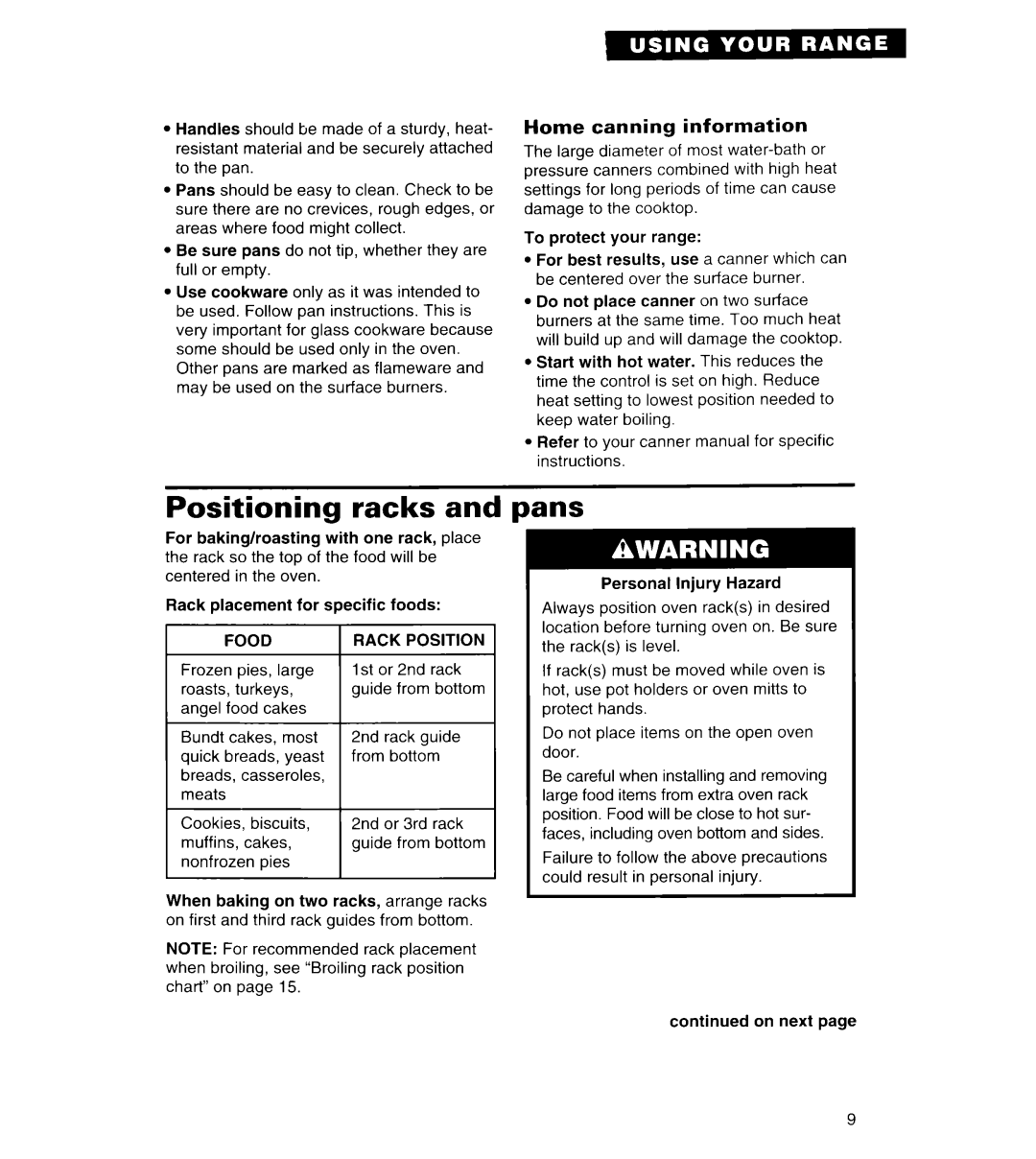 Whirlpool FGS385B important safety instructions Positioning racks and, pans, Home canning information 