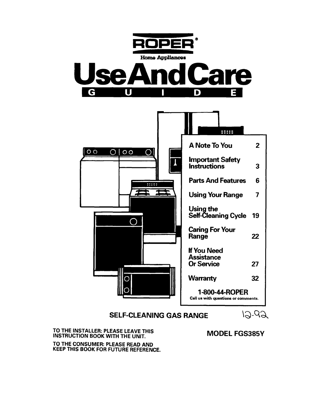 Whirlpool FGS385Y manual UseAndCare 